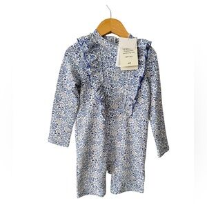 H&M White and Blue Floral Ruffle Sunsuit Rash Guard